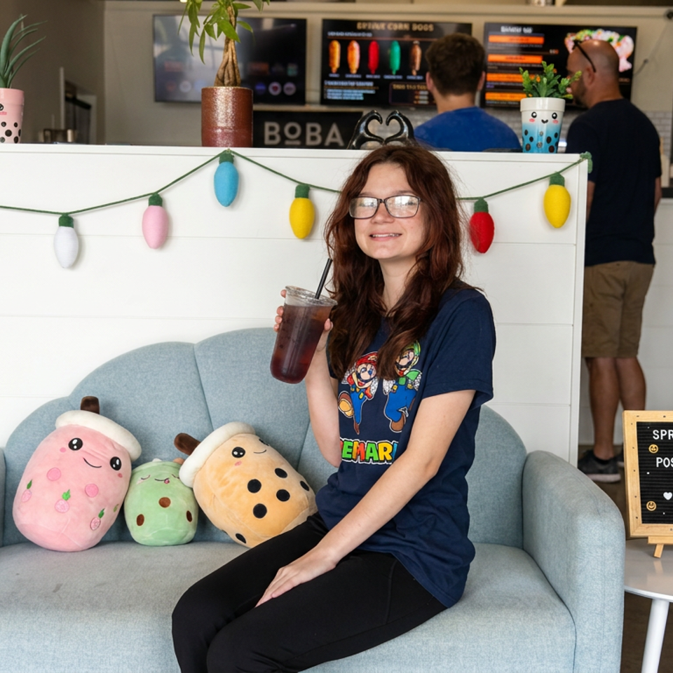 Woman holding iced tea sits on a couch with plush toys inside a colorful boba tea shop decorated with lights.